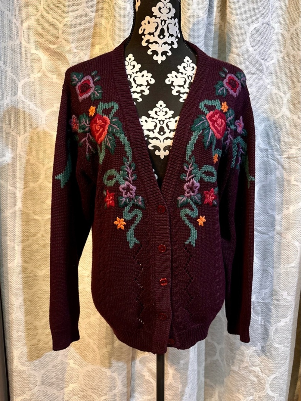 Vintage Alfred Dunner Embroidered Floral V-Neck Cardigan Sweater - Deep Plum